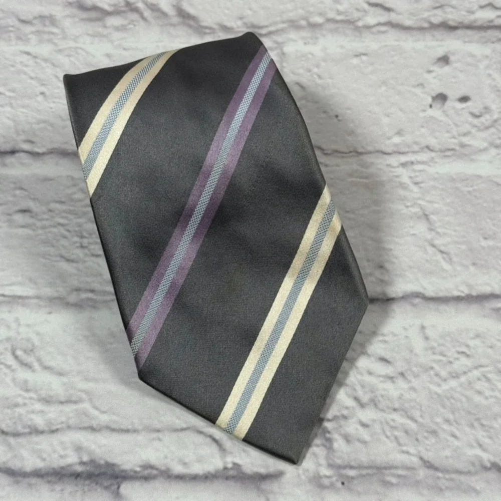 Vintage Sean Jean Mens Necktie Handmade 100% Silk Tie Grey Yellow Purple Striped